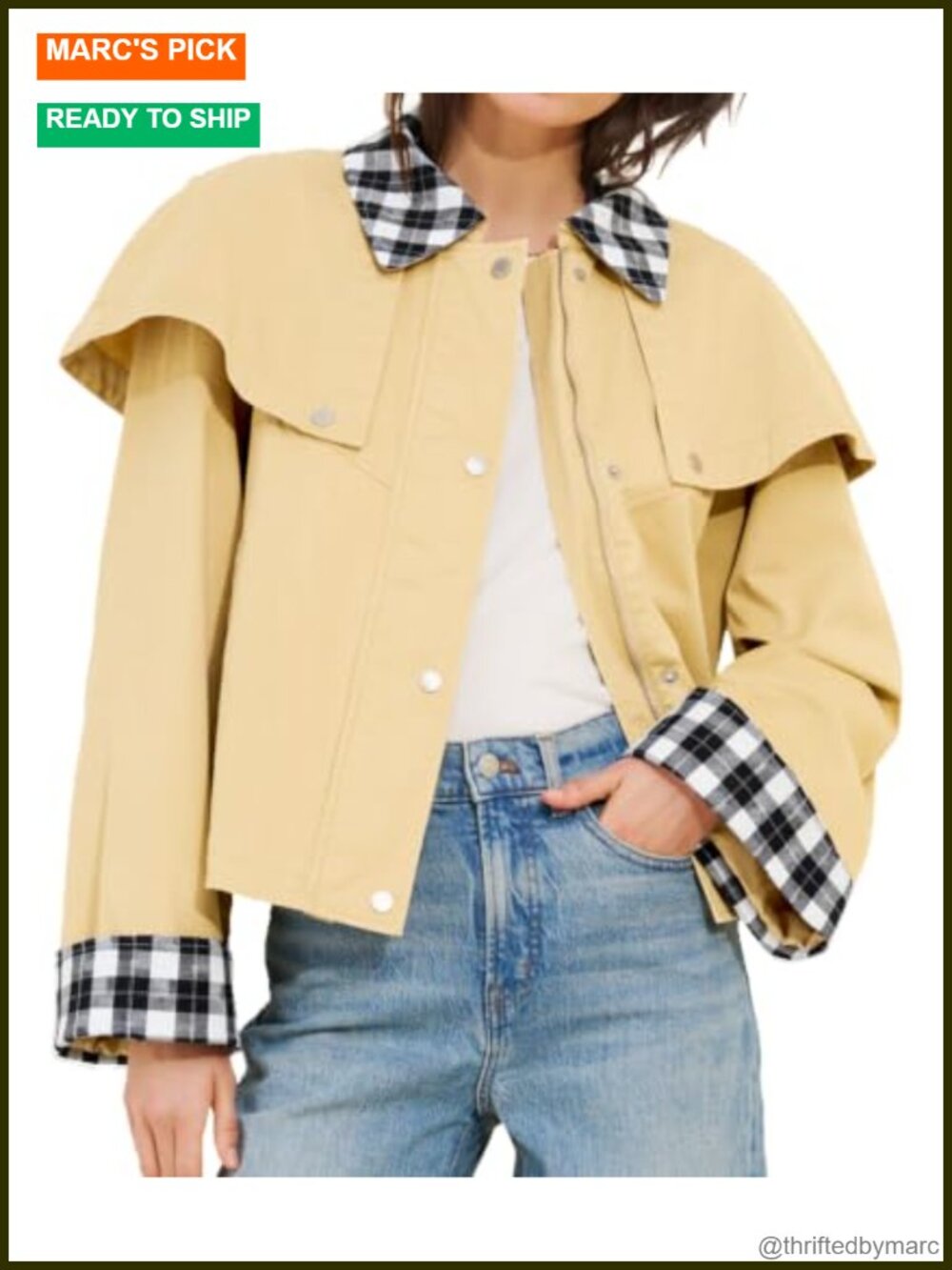 Womens Cropped Trench Coat Lightweight Gingham Short Cape Jacket